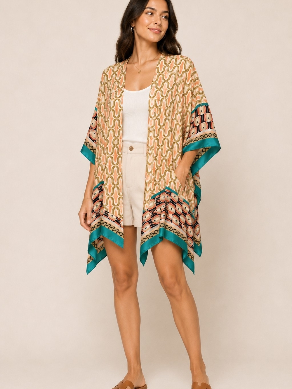 Boho Patterned Kimono Cover-Up in Teal & Peach - NWT